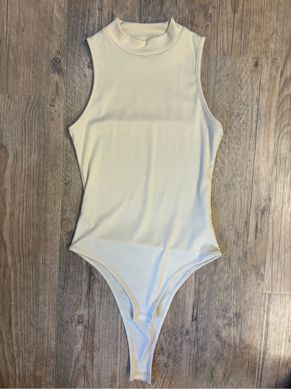 SHEIN Cream Ribbed Sleeveless Mock Neck One-Piece Bodysuit